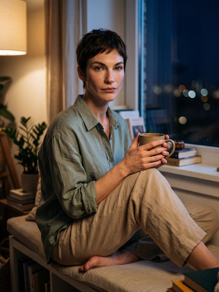 Nina Cole sitting by a window at night holding a mug